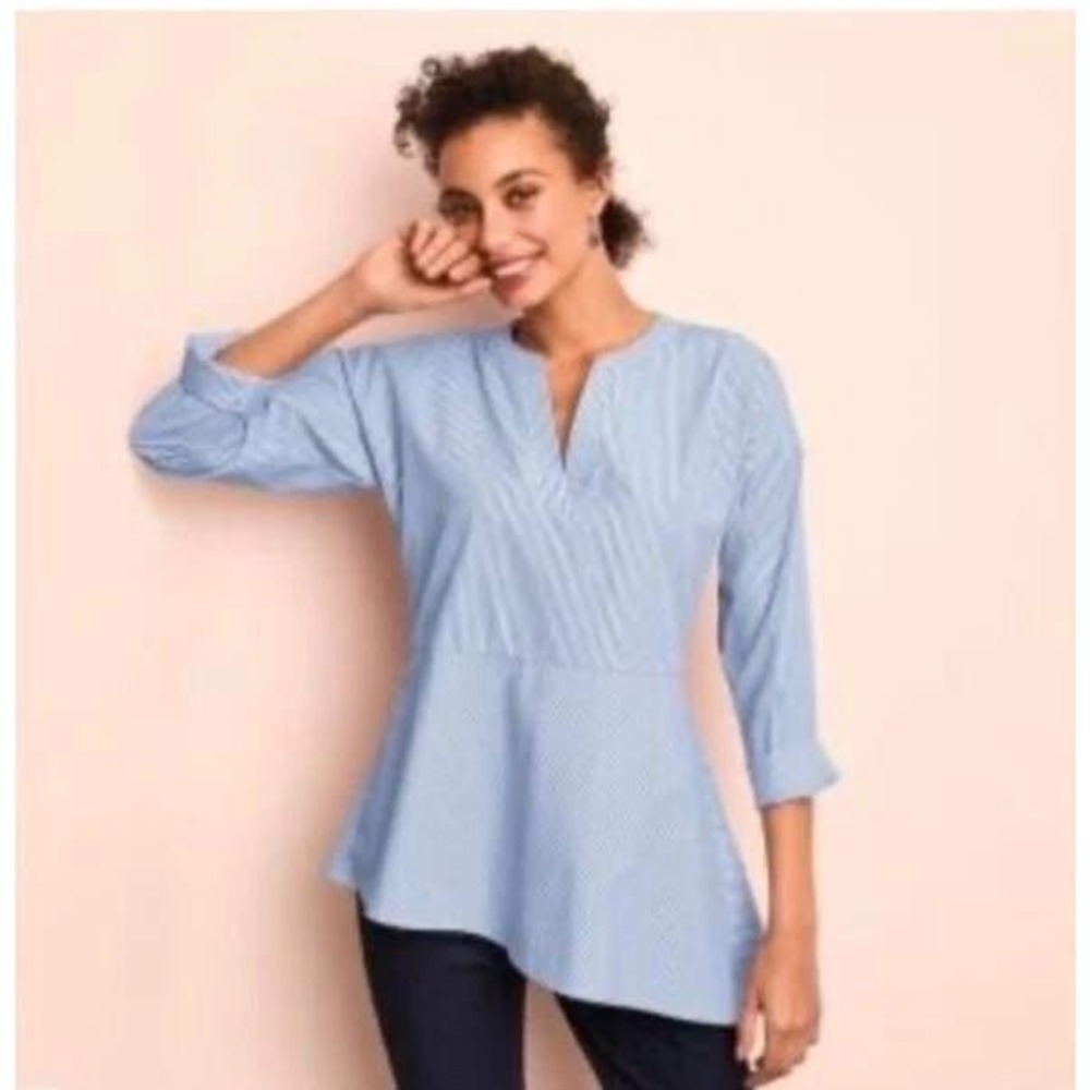 Studio 1886 Women's XL Blue White Striped Asymmetrical Peplum V-Neck Blouse Top